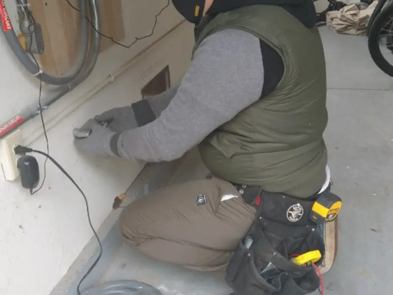 Electrician performing outlet wiring in a Bethel garage